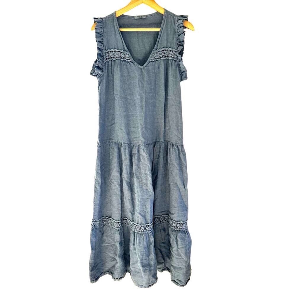 Meo Meli Made In Italy Blue 100% Linen Maxi Sleeveless Dress One Size Ruffle